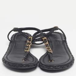 Pre Owned Chanel CC Size 37 Black Woven Leather Thong Ankle Strap Sandals