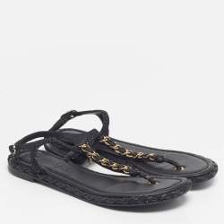 Pre Owned Chanel CC Size 37 Black Woven Leather Thong Ankle Strap Sandals