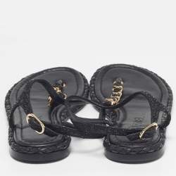 Pre Owned Chanel CC Size 37 Black Woven Leather Thong Ankle Strap Sandals