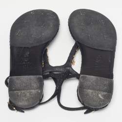 Pre Owned Chanel CC Size 37 Black Woven Leather Thong Ankle Strap Sandals