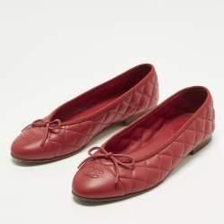 Pre Owned Chanel CC Size 39 Red Quilted Leather Bow Ballet Flats