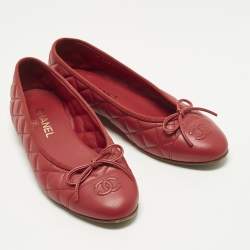 Pre Owned Chanel CC Size 39 Red Quilted Leather Bow Ballet Flats