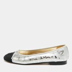 Pre Owned Chanel CC Size 39.5 Silver/Black Canvas and Leather Bow Ballet Flats