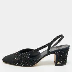 مملوكة مسبقًا Chanel Embellished Size 39.5 Black Fabric and Grosgrain Cap Toe Slingback Pumps