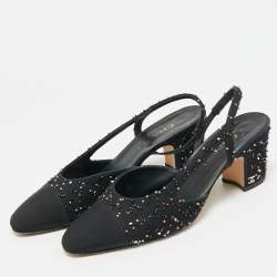 مملوكة مسبقًا Chanel Embellished Size 39.5 Black Fabric and Grosgrain Cap Toe Slingback Pumps