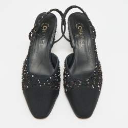مملوكة مسبقًا Chanel Embellished Size 39.5 Black Fabric and Grosgrain Cap Toe Slingback Pumps