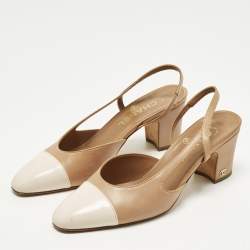 Pre Owned Chanel CC Size 38 Beige/Cream Leather Slingback Block Heel Pumps