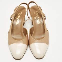 Pre Owned Chanel CC Size 38 Beige/Cream Leather Slingback Block Heel Pumps