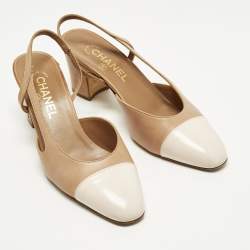 Pre Owned Chanel CC Size 38 Beige/Cream Leather Slingback Block Heel Pumps
