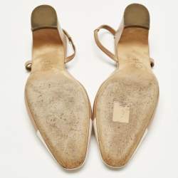 Pre Owned Chanel CC Size 38 Beige/Cream Leather Slingback Block Heel Pumps