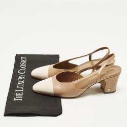 Pre Owned Chanel CC Size 38 Beige/Cream Leather Slingback Block Heel Pumps