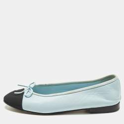 Pre Owned Chanel CC Size 37 Light Blue/Black Fabric and Leather Bow Cap Toe Ballet Flats