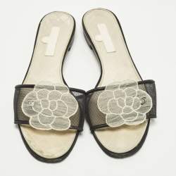 Pre Owned Chanel Camelia Size 37 Black/White Leather and Mesh Flat Slides 