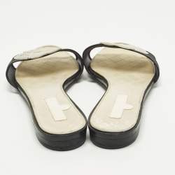 Pre Owned Chanel Camelia Size 37 Black/White Leather and Mesh Flat Slides 