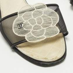 Pre Owned Chanel Camelia Size 37 Black/White Leather and Mesh Flat Slides 