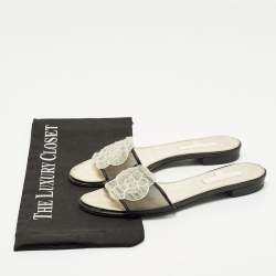 Pre Owned Chanel Camelia Size 37 Black/White Leather and Mesh Flat Slides 