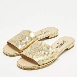 Pre Owned Chanel CC Size 38 Gold Leather Perforated Flat Slide