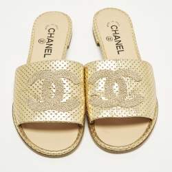 Pre Owned Chanel CC Size 38 Gold Leather Perforated Flat Slide