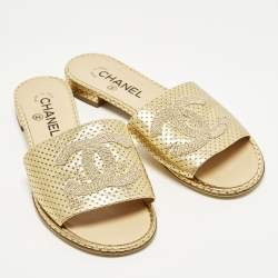 Pre Owned Chanel CC Size 38 Gold Leather Perforated Flat Slide