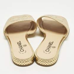 Pre Owned Chanel CC Size 38 Gold Leather Perforated Flat Slide