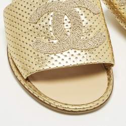Pre Owned Chanel CC Size 38 Gold Leather Perforated Flat Slide