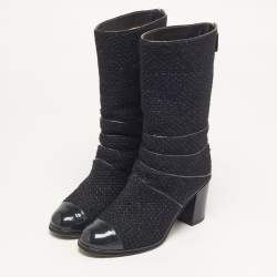 Pre Owned Chanel Size 37 Navy Blue Patent Leather and Tweed Ankle Length Boots