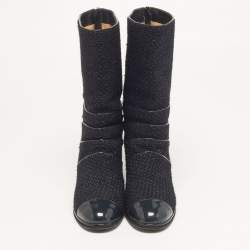 Pre Owned Chanel Size 37 Navy Blue Patent Leather and Tweed Ankle Length Boots