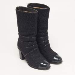 Pre Owned Chanel Size 37 Navy Blue Patent Leather and Tweed Ankle Length Boots