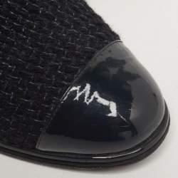 Pre Owned Chanel Size 37 Navy Blue Patent Leather and Tweed Ankle Length Boots