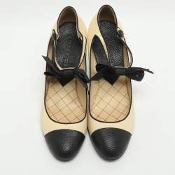 Pre Owned Chanel Bow Size 39 Cream Karung Leather Mary Jane Pumps
