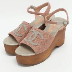 Pre Owned Chanel CC Size 38 Pink Canvas and Suede Clogs Sandals