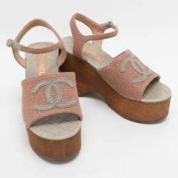 Pre Owned Chanel CC Size 38 Pink Canvas and Suede Clogs Sandals