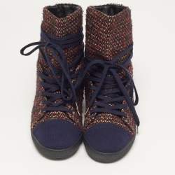 Pre Owned Chanel CC Size 36 Multicolor Tweed Lace Wrap High Top Sneakers