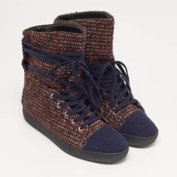 Pre Owned Chanel CC Size 36 Multicolor Tweed Lace Wrap High Top Sneakers