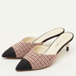 Pre Owned Chanel Size 38.5 Multicolor Fabric and Tweed CC Pearl Heel Pointed Toe Mules