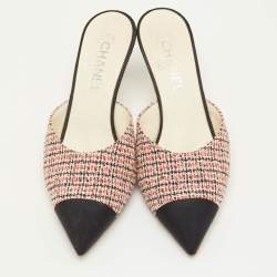 Pre Owned Chanel Size 38.5 Multicolor Fabric and Tweed CC Pearl Heel Pointed Toe Mules