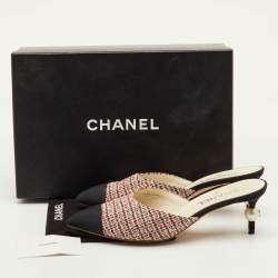 Pre Owned Chanel Size 38.5 Multicolor Fabric and Tweed CC Pearl Heel Pointed Toe Mules