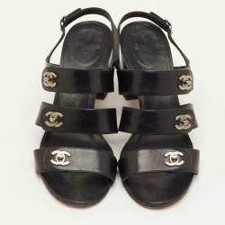 Pre Owned Chanel CC Turnlock Size 39 Black Leather Strappy Slingback Sandals