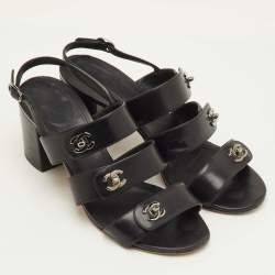 Pre Owned Chanel CC Turnlock Size 39 Black Leather Strappy Slingback Sandals