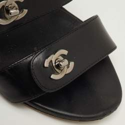 Pre Owned Chanel CC Turnlock Size 39 Black Leather Strappy Slingback Sandals