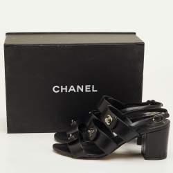 Pre Owned Chanel CC Turnlock Size 39 Black Leather Strappy Slingback Sandals