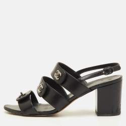Pre Owned Chanel CC Turnlock Size 39 Black Leather Strappy Slingback Sandals