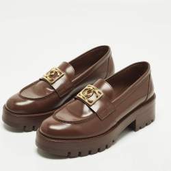 Pre Owned Chanel Coco Mark Size 37.5 Brown Leather CC Slip On Loafers