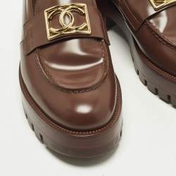 Pre Owned Chanel Coco Mark Size 37.5 Brown Leather CC Slip On Loafers