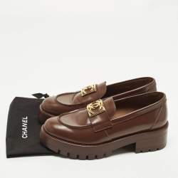 Pre Owned Chanel Coco Mark Size 37.5 Brown Leather CC Slip On Loafers