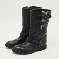Pre Owned Chanel  Size 40 Black Quilted Leather Motorcycle Boots