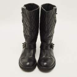 Pre Owned Chanel  Size 40 Black Quilted Leather Motorcycle Boots