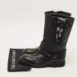 Pre Owned Chanel  Size 40 Black Quilted Leather Motorcycle Boots