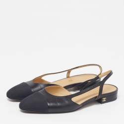 Pre Owned Chanel CC Cap Size 36.5 Black Leather Slingback Flats