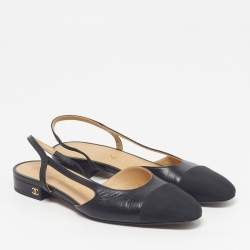 Pre Owned Chanel CC Cap Size 36.5 Black Leather Slingback Flats
